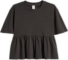 Casual Ruffle Hem Tops For Fall, Casual Cotton Peplum Top, Casual Crew Neck Top With Ruffle Hem, Trendy Cotton Top With Ruffle Hem, Fall Short Sleeve Top With Ruffle Hem, Fall Cotton T-shirt With Ruffles, Casual Tops With Ruffle Hem And Relaxed Fit, Cotton Ruffle Peplum Top, Casual Ruffle Hem Top With Relaxed Fit