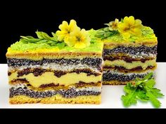 two slices of cake with yellow flowers on top