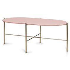 a pink table with metal legs on a white background