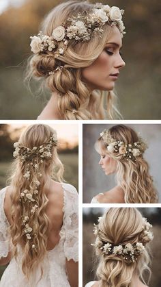 a woman with long blonde hair and flowers in her hair, wearing a flower crown