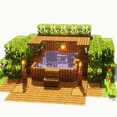 an image of a small house made out of wood and plants on the outside, with a hot tub in the center