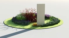 an artistic rendering of a small garden with flowers and plants in the foreground, on a white surface