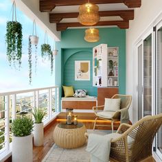 a balcony with wicker furniture and potted plants on the windowsill, along with hanging planters