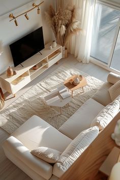 an aerial view of a living room with white furniture