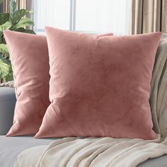 two pink pillows sitting on top of a couch