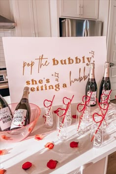 the bachelorette themed party, the final rose, custom mimosa bar, rose petals, custom wine labels, pop the bubbly she's getting a hubby, champagne, heart straws, custom mimosa flutes, bachelorette weekend decor, decor ideas, Bachelorette Diy, Bridal Shower Bachelorette Party Ideas, Pop The Bubbly, Bachelorette Planning, Bridal Shower Inspo, Bachelorette Party Weekend, Nashville Bachelorette Party, Bridal Shower Planning