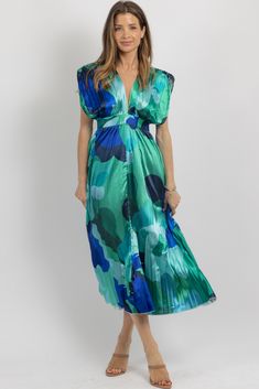 Green V-neck Maxi Dress For Garden Party, Chic Green V-neck Maxi Dress, Blue V-neck Cocktail Dress For Summer, Green V-neck Dress For Garden Party, Green Floral Print Maxi V-neck Dress, Chic Green V-neck Dress, Green V-neck Cocktail Dress, Multicolor Pleated V-neck Maxi Dress, Chic Green V-neck Dress For Evening