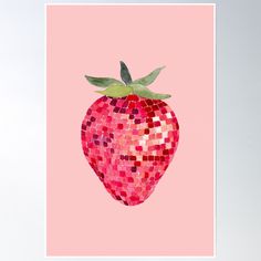 a strawberry with pink and red squares on it's back side, against a light pink background