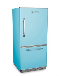 a blue refrigerator freezer sitting on top of a white wall