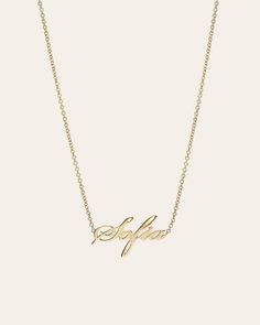 14k solid gold ID dainty name necklace in our beautiful script font, hanging from a chain length of your choice. For a heart symbol please enter ''(heart)''. Please note that the personalization box is case sensitive, so type in exactly how you would like your name to appear, with the correct upper/lowercase font. Script font is not offered in all capitalization. If you are interested in an ID necklace with more than 10 characters, please email us at info@zoelev.com for a quote. Letter Height: A Personalized Elegant Heart Pendant Name Necklace, Engraved Name Necklace As Personalized Fine Jewelry Gift, Engraved Name Necklace As Personalized Gift, Engraved Name Necklace For Personalized Gift, Elegant Name Necklace With Heart Pendant For Personalized Gift, Elegant Heart Pendant Name Necklace For Personalized Gift, Minimalist Name Necklace For Formal Occasions, Custom Name Signature Jewelry For Personalized Gift, Valentine's Day Elegant Custom Name Necklace