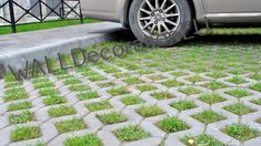 a car parked on the side of a road with grass growing in front of it