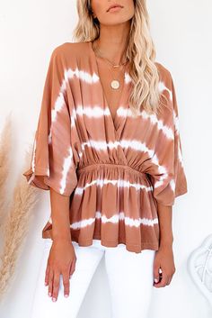 Tie Dye Peplum Top Summer Brown Blouse For Brunch, Flowy Brown Blouse For Spring, Brown Flowy Tops For Spring, Brown Flowy V-neck Top, Flowy Brown Blouse For Summer, Flowy Brown Top For Spring, Trendy Brown Spring Blouse, Brown Spring Tops For Brunch, Chic Brown Tops For Spring