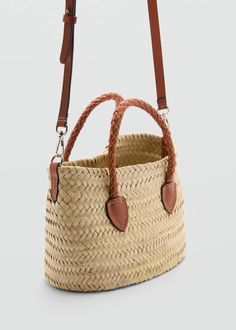 Natural fiber shoulder bag -  Women | Mango USA Cheap Beige Straw Bag For Day Out, Cute Basket Bag, Handmade Summer Bags, Made In Mada Bags, Moroccan Basket Bag, Mango Handbags, Mango Coconut, Mango Outlet, Coconut Palm