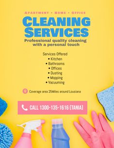 cleaning services flyer with gloves and sponges on yellow background