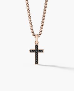 This mini cross pendant can be crafted in your choice of solid gold or platinum, set with 0.25 carats of natural, untreated black diamonds. Signature screws on the cross' three sides instantly identify this pendant as a Rockford Collection masterpiece. Pendant is 28 mm tall. Barrel fits chains up to 3.40 mm. Black Diamond Pendant, Pinky Signet Ring, Black Diamond Bands, Comfort Fit Wedding Band, Mini Cross, Black Diamond Ring, Diamond Cross Pendants, Rose Gold Chain, Black Diamonds