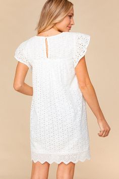 Calling all brides! This off-white, eyelet embroidered cotton dress is a must have! We love the short sleeves with ruffle details, keyhole button back, and crochet lace hem - This midi dress has it all! Add your favorite heels to complete this dressy look! Dress is fully lined Model is 5'7 and wearing a small 100% Cotton White Broderie Anglaise Dress With Flutter Sleeves, Short Sleeve Eyelet Dress For Brunch, Eyelet Short Sleeve Dresses For Brunch, White Cotton Dress With Scalloped Lace, See You Again, Lace Hem, White Eyelet, Eyelet Lace, Lace Ruffle