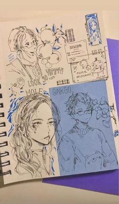 two notebooks with drawings on them next to each other and one has a blue background