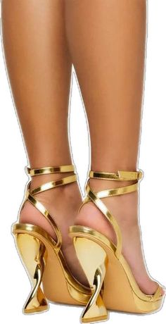 Gold Heels With Ankle Strap And 4-inch Heel, Gold Closed Toe Heels With Heel Loop, Gold Heels With Wrapped Heel And Round Toe, Gold High Heel Sandals With Reinforced Heel, Open Toe, Ankle Strap, Sculpture, Collage, Heels