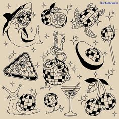 an assortment of tattoos with different designs on them, including pizzas and other items