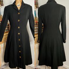 🌿AVAILABLE🌿1940s/50s sleek black button down princess overcoat. This piece is just lovely! The fabric is knit and has a subtle woven texture. Gold buttons down the center front and at the cuffs. The body is lined and the sleeves are unlined. Excellent condition. Washed and ready to wear. Best for xxs/xs. Shown on a 32/26/36 dressform. MEASUREMENTS (taken flat, double when appropriate) PTP 17 Waist 14 hips open length This is the perfect unique gift for a loved one, or yourself! Please be sure Hip Openers, Womens Jackets, Woven Texture, Black Button, Gold Buttons, Black Knit, Day Dresses, Fit And Flare, Pajama Set