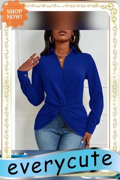 Blue Twist Front V Neck Long Sleeve Blouse Blue Fall Blouse For Office, Blue Solid Color Blouse For Fall, Blue Tops For Office In Fall, Chic Blue Solid Color Blouse, Blue Office Tops For Fall, Blue Fall Office Tops, Elegant Blue Solid Color Tops, Chic Solid Blue Blouse, Blue V-neck Blouse For Day Out