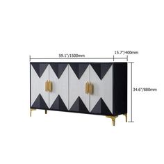 an image of a black and white sideboard with gold hardware on the top, measurements