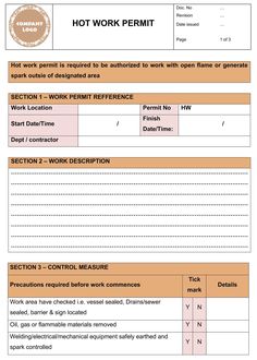 a work permit form with the words hot work permit