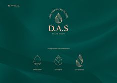 the logo for daas water and beauty is shown on a dark green background with gold details