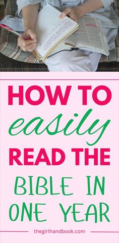 a woman sitting on a couch reading a book with the title how to easily read the bible in one year