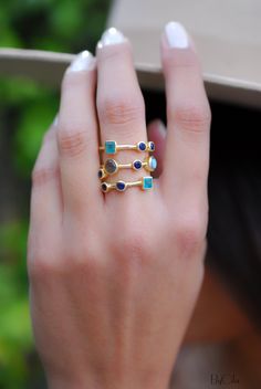 Gemstones Gold Ring * Statement Birthstone* Gold Plated Ring * Green Jade, Sapphire hydro, Labradorite *Multi stones *Statement Ring BJR071 Gold Gemstone Ring, Labradorite Ring, Metal Band, Gold Plated Rings, Green Jade, Multi Stone, Jade Green, Metal Bands, Gold Plated Jewelry