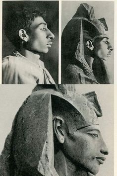 three pictures of the head and neck of an ancient egyptian man with earrings