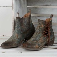 Circle G Turquoise Engraved Bootie Turquoise Patina Boots With Round Toe, Blue Patina Round Toe Boots, Blue Patina Boots With Round Toe, Blue Round Toe Boots With Patina, Turquoise Leather Boots With Round Toe, Cowgirl Ankle Boots, Tin Haul, Cowgirl Stuff, Justin Boots Womens