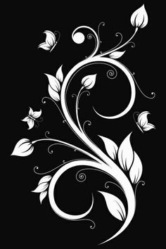 a black and white floral design with swirls, leaves and flowers on a black background