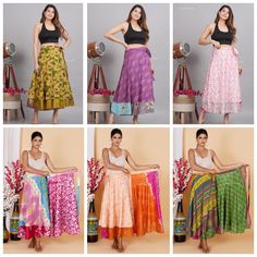 Indian Vintage Silk Wrap around magic long skirts for women, its free size wraps Reversible Tie skirts. Our skirt is handmade by our co-ops in India out of recycled saris and turned into the beautiful finished skirt you see. With your help, these artisans are able to sustain year-round employment. Every skirt is truly an original made with exotic reclaimed materials. This skirt has the unique combination of designs and final touch of thread work on its corners which makes the product look artist Long Silk Skirt, Hippie Rock, Magic Wrap, Silk Wrap Skirt, Vintage Floral Skirt, Indian Skirt, Frill Skirt, Reversible Skirt, Bohemian Skirt