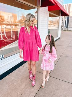 Recently I had the pleasure of having my sweet girl join me to share some mommy and me Valentine’s Day outfits. I LOVE when work means we get to do something together. She is such a joy and always makes this kind of thing so much fun! I am sharing the photos for my pink dress and her floral dress below. You can see the other two looks on our reel. Everything is from Shop the Mint and Shop the Mint girls.