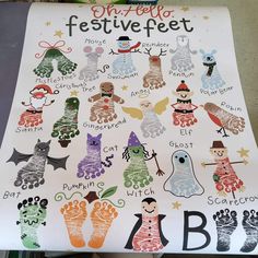 a poster with different hand and foot prints on it's front cover that says, happy festive feet