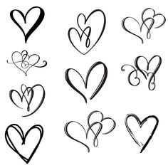 hearts drawn in black and white ink on a white background, each with different shapes