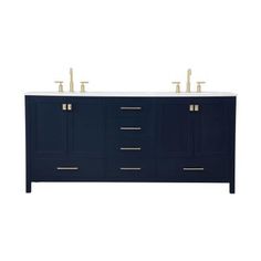 two sinks in front of a dark blue cabinet