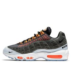 The Nike Air Max 95 'Total Orange' is a sneaker that is sure to turn heads. Designed by world-renowned menswear designer Kim Jones, this sneaker features layered grey side panels in an inverted gradient finish. A black mini-Swoosh is joined by a series of perforations inspired by the Air Max 360. A translucent Nexkin overlay partially covers the sneaker's webbing eyelets, rendered in a bold orange finish and misaligned for enhanced visual impact. The same eye-catching hue is repeated on the sneaker's visible Max Air units. Kim Jones branding adorns the lateral heel. (SNKR/Unisex) Nike Urban Sneakers With Vented Sides, Nike Gray Urban Sneakers, Modern Gray Sneakers With Vented Sides, Functional Gray Sneakers With Vented Sides, Ebay Reinstatement, Air Max 360, Kim Jones, 95 Nike, Nike Air Max 95