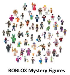 a bunch of toy figures that are in the shape of a circle with words roblox mystery figures