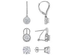 Bella Luce® white diamond simulant 12.35ctw round, rhodium over sterling silver earrings, set of 3. Measure approximately 0.31-0.94"L x 0.31"W and have push backings, lever backings, and omega backings. White Gold Jewelry Sets With Brilliant Cut, Cubic Zirconia Round Cut Jewelry Sets, Classic Silver Jewelry Sets With Prong Setting, Sterling Silver Jewelry Set With Prong Setting, Brilliant Cut Round Sterling Silver Jewelry Sets, Anniversary Jewelry Sets With Prong Setting, Fine Jewelry Sets With Matching Round Earrings, Classic White Gold Jewelry Sets With Diamond Accents, Classic Diamond Cut Jewelry Sets