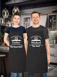 two people wearing black aprons standing in front of a kitchen with the words michael and the real chef