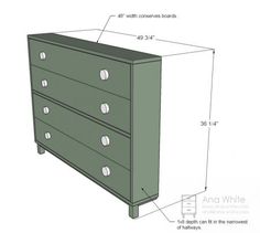 an image of a chest of drawers with measurements on the front and bottom side, labeled