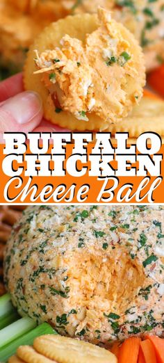 buffalo chicken cheese ball with carrots, celery and crackers on the side