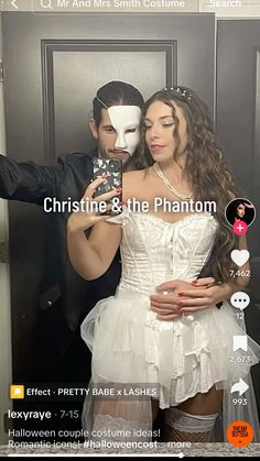 a man taking a selfie with a woman in a white dress wearing a mask