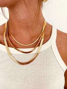 Classic herringbone chain, available in three different sizes. A staple for every stack! 17 inch necklace with 2 inch chain extender Big Gold Chains, Gold Snake Chain, Mesh Necklace, All That Glitters Is Gold, Herringbone Chain, Snake Chain Necklace, Snake Jewelry, Silver Snake Chain, Chain Extenders