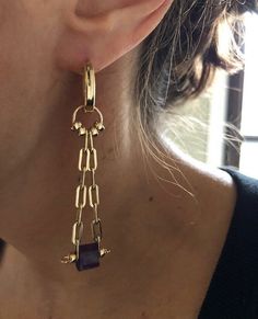 "Modern, edgy, 14kt gold filled paperclip chain link and amethyst statement earrings. Super unique and show-stopping. Multi-purpose: Gold hoops can be worn on their own!! All part are high quality 14kt gold filled and gemstone amethyst. Amethyst pieces are raw cut and will differ slightly. Length: approximately 2.5\" Comes packaged in a beautiful canvas pouch, ready for gift giving. ---------------------------------------------------------------------------- >> Check out the entire shop here: ht Modern Purple 14k Gold Jewelry, Modern Purple Dangle Jewelry, Vintage Chain Necklace, Chain Jewellery, Thick Chain Necklace, Gold Link Bracelet, Stacked Necklaces, Small Bracelets, Rainbow Jewelry