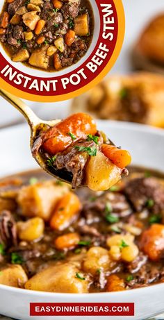 a spoon full of beef stew with potatoes and carrots in it is being held up over the bowl