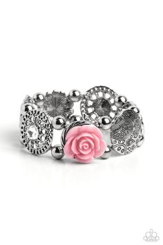 Whimsically woven around the wrist on elastic stretchy bands, a baby pink resin rose, a silver disc stamped with a paisley motif, an oversized white gem encased in a textured silver frame, an airy, textured wheel pendant with a white center, a pearl-centered flower with baby pink gem petals, and a disc featuring a metallic rose, create a beautifully botanical design. Classic silver beads separate each element, allowing the details of each one to stand out. Sold as one individual bracelet. Resin Rose, Paisley Motif, Elegante Y Chic, Orange Bracelet, Pink Gem, Rose A, Botanical Design, Paparazzi Accessories, Blue Gems