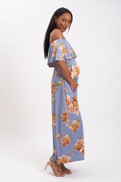 This sweet floral print with an off-the-shoulder ruffle is a comfortable and stylish maxi maternity dress. The dusty blue hue is perfect for any season, making this maternity dress an easy choice for all nine months of your pregnancy. This is a great maternity dress for your baby shower, gender reveal party, or a night out. Off-the-shoulder ruffle For Hot Mommy during pregnancy and beyond Fabric: 95% polyester, 5% spandex Packaged and shipped by our all-female owned and operated business. For si Off-shoulder Maternity Maxi Dress, Flowy Off-shoulder Maternity Maxi Dress, Blue Maternity Maxi Dress, Spring Off-shoulder Maternity Dress, Blue Maxi Length Maternity Dress, Summer Maternity Off-shoulder Maxi Dress, Summer Off-shoulder Maternity Dress, Maternity Maxi Dress With Ruffles, Maxi Length Maternity Dress With Ruffles